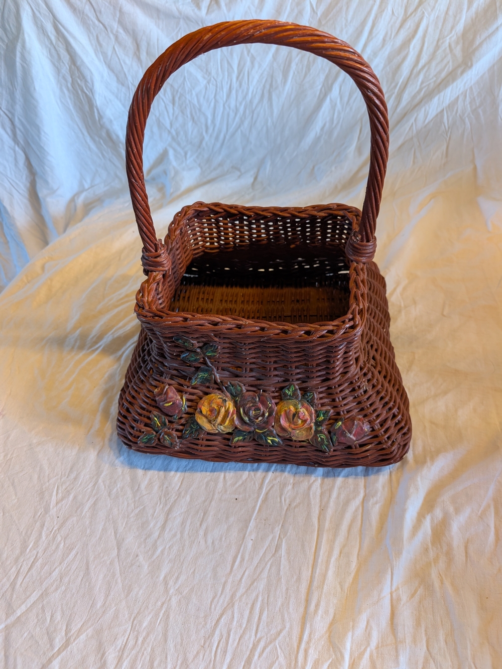 2/60$ Vintage Brown Wicker Basket with Hand-Painted Yellow Rose Accents